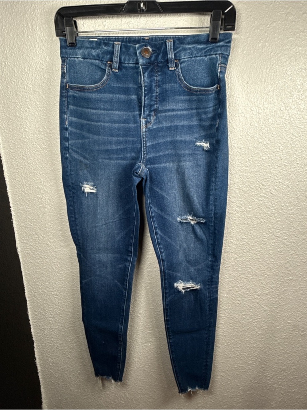 American Eagle Outfitters Dark Blue Distressed High-Rise Skinny Jeans